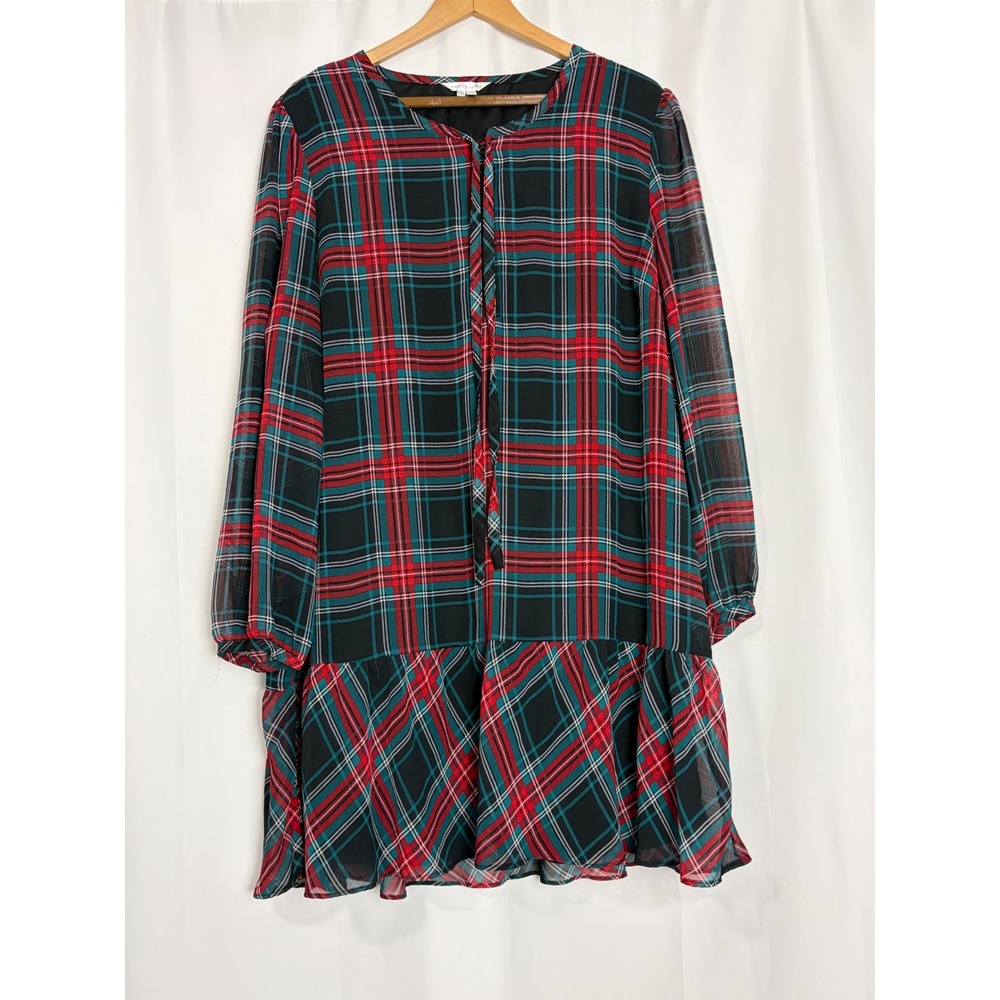 Draper James Plaid Ruffle Shift Dress Red Green Holiday XXL Chiffon Long Sleeve
